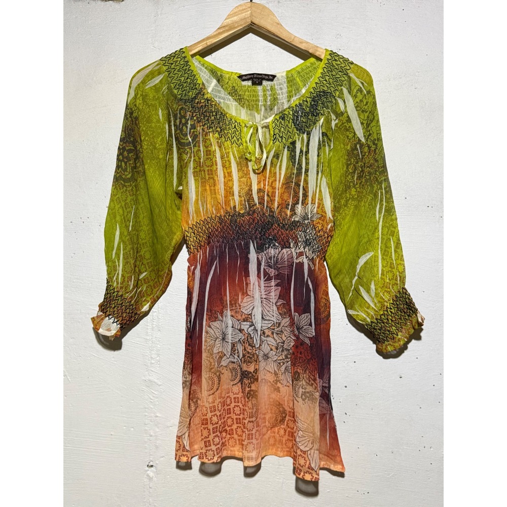 Mushka by Sienna Rose Womens M Tunic Top Green Orange Floral Smocked Chiffon